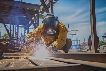 An experienced veteran welder welding metal pieces on a metal structure at a construction site. - Powered by Adobe