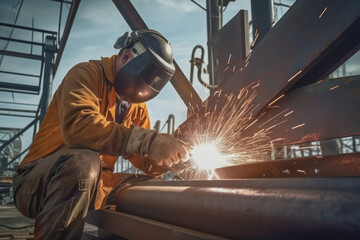 A specialized welder making maintenance improvements on a metal structure on an ocean oil platform.