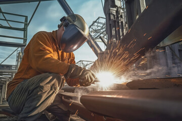 A skilled specialized worker in welding is repairing metal structures on an offshore oil plant.