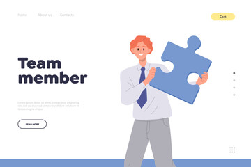 Team member concept for landing page design website template with happy male employee character