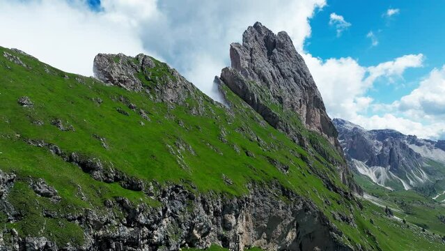 Aerial footage of Seceda in South Tyrol, Dolomites, Italy