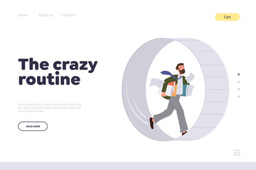 Crazy routine at work landing page design with overloaded businessman running like squirrel in wheel