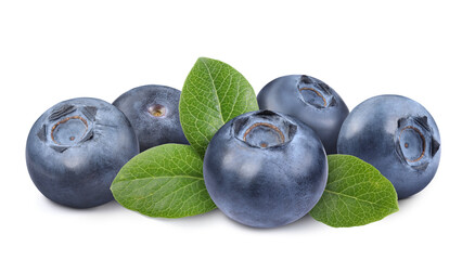 Fresh ripe blueberries with green leaves isolated on white