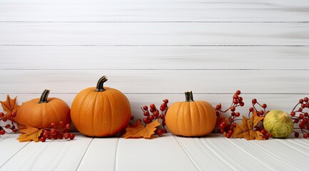 Festive autumn decor from pumpkins, berries and leaves on a white wooden background. Concept of...