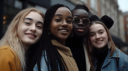 Fototapeta premium Group of four young woman, girls, taking a selfie in urban environment, hipsters, generative ai, illustration