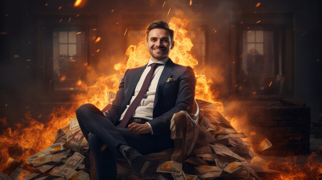 A businessman sitting beside a pile of burning money. Corporate greed, mismanagement and destruction of capital. Wealth management. Hedge fund abuse.