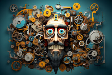  a humorous cartoon character made up of whimsical gears and machinery, engaged in a comical activity or situation. 