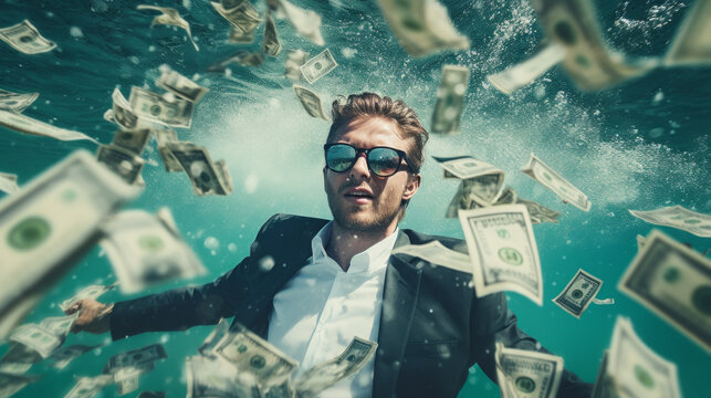 A businessman floating underwater surrounded by money. Relaxed and living his best life. Greed and excess. 
