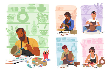 Male and Female Artist Characters Shaping Clay On Potter Wheels Or By Hand, Forming Beautiful Pottery Pieces