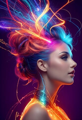 cute gorgeous colorful woman portrait with sparkling lights, magic photo
