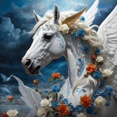 Fototapeta na wymiar A majestic white winged horse surrounded by a colorful bouquet of flowers