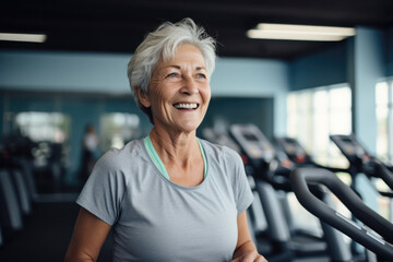 Obraz premium Portrait of smiling elderly woman in fitness club.