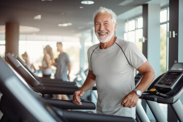 Active smiling handsome senior man running on treadmill in fitness club and looking at camera.