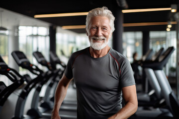 Fototapeta na wymiar Portrait of gray-haired man in fitness club.