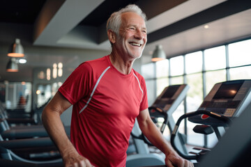 Fototapeta na wymiar Active smiling elderly man doing sports with fitness equipment in fitness club.
