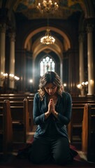 A woman kneeling in prayer inside a beautiful church - obrazy, fototapety, plakaty