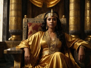 A woman wearing a golden dress sitting gracefully in a chair