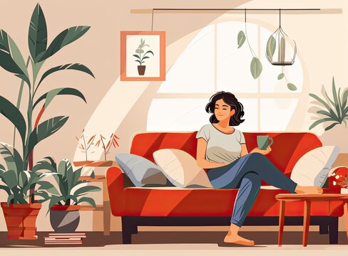 Sweet idleness. Lazy young hispanic lady sit in relaxed pose on big comfy sofa at living room interior breath air dream imagine.