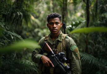Obraz premium A man holding a rifle in a dense jungle