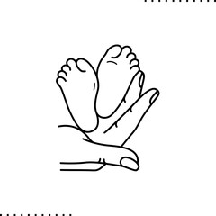 A parent's hand holds the baby's feet, motherhood outline icon 