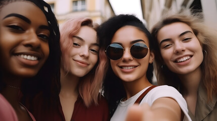 Obraz premium Group of four young woman, girls, taking a selfie in urban environment, hipsters, generative ai, illustration