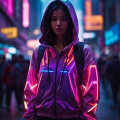A woman standing on a city street wearing a neon jacket