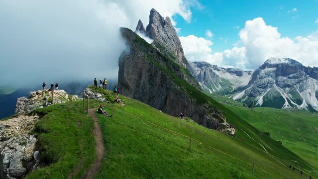 Aerial footage of Seceda in South Tyrol, Dolomites, Italy