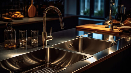 Fototapeta na wymiar A modern stainless steel kitchen sink with a tap