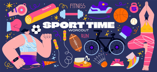 Fototapeta na wymiar Cartoon characters stickers retro athletes. fitness lifestyle gym activity. Sports elements doodle set