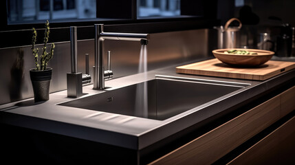 A modern stainless steel kitchen sink with a tap