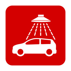 Znak myjni samochodowej. Wektor. Biała ikona w czerwonym kwadracie. Odosobniony. © robert6666