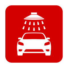 Znak myjni samochodowej. Wektor. Biała ikona w czerwonym kwadracie. Odosobniony. © robert6666