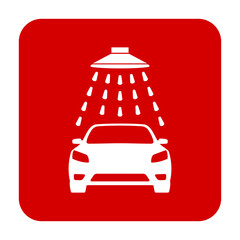 Znak myjni samochodowej. Wektor. Biała ikona w czerwonym kwadracie. Odosobniony. © robert6666