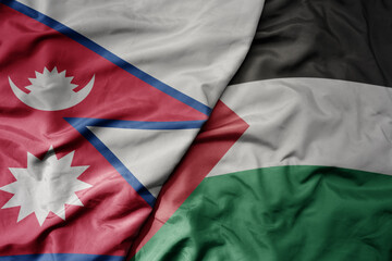 big waving realistic national colorful flag of nepal and national flag of palestine . - obrazy, fototapety, plakaty