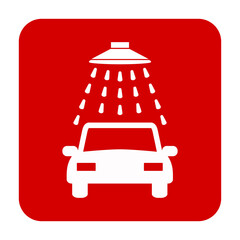 Znak myjni samochodowej. Wektor. Biała ikona w czerwonym kwadracie. Odosobniony. © robert6666