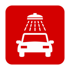 Znak myjni samochodowej. Wektor. Biała ikona w czerwonym kwadracie. Odosobniony. © robert6666