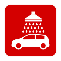 Znak myjni samochodowej. Wektor. Biała ikona w czerwonym kwadracie. Odosobniony. © robert6666