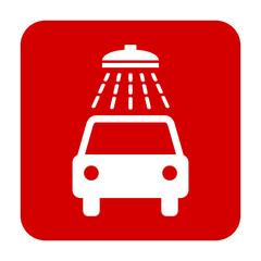 Znak myjni samochodowej. Wektor. Biała ikona w czerwonym kwadracie. Odosobniony. © robert6666