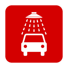 Znak myjni samochodowej. Wektor. Biała ikona w czerwonym kwadracie. Odosobniony. © robert6666