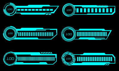 Set of HUD modern loading progress bars user interface elements design technology cyber blue on black futuristic vector