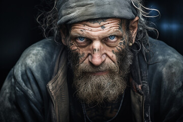 Striking portrait of an older homeless man with face tattoos and brilliant blue eyes.