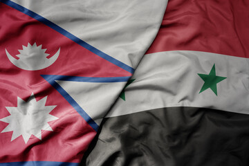 big waving realistic national colorful flag of nepal and national flag of syria .