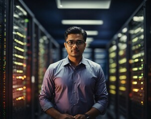 A man standing in front of a row of servers in a data center