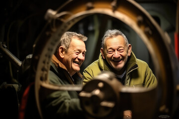 Fototapeta na wymiar Two old men in the submarine, looking through the windows. Generative AI