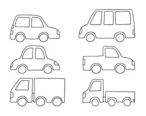 Car Set. Simple line drawing by hand of trucks and cars. Black outline isolated on white background side view.