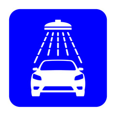 Znak myjni samochodowej. Wektor. Biała ikona na niebieskim kwadracie. Odosobniony. © robert6666