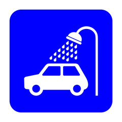 Znak myjni samochodowej. Wektor. Biała ikona na niebieskim kwadracie. Odosobniony. © robert6666