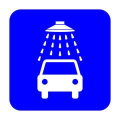 Znak myjni samochodowej. Wektor. Biała ikona na niebieskim kwadracie. Odosobniony. © robert6666