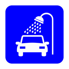 Znak myjni samochodowej. Wektor. Biała ikona na niebieskim kwadracie. Odosobniony. © robert6666