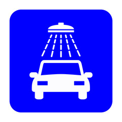 Znak myjni samochodowej. Wektor. Biała ikona na niebieskim kwadracie. Odosobniony. © robert6666